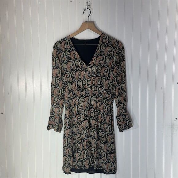 Massimo Dutti Paisley Mini Dress Long Sleeve Boho Viscose Lined Size 4 BohoChic - Picture 1 of 8